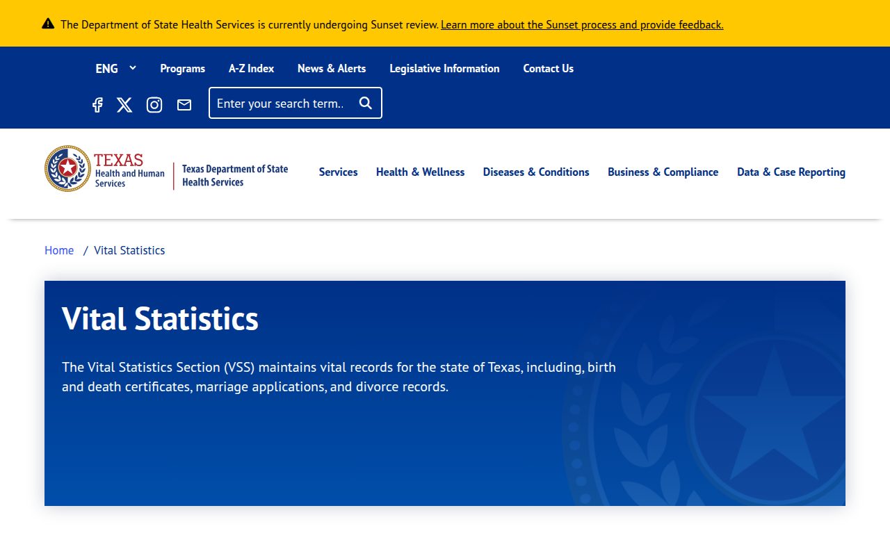 Texas DSHS Vital Statistics screenshot